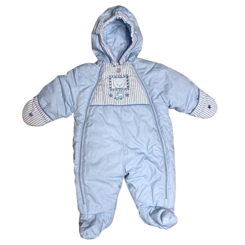 Vintage Quiltex Baby Boy Snowsuit Bunting – Blue Striped Bear Train – 3–6 Months